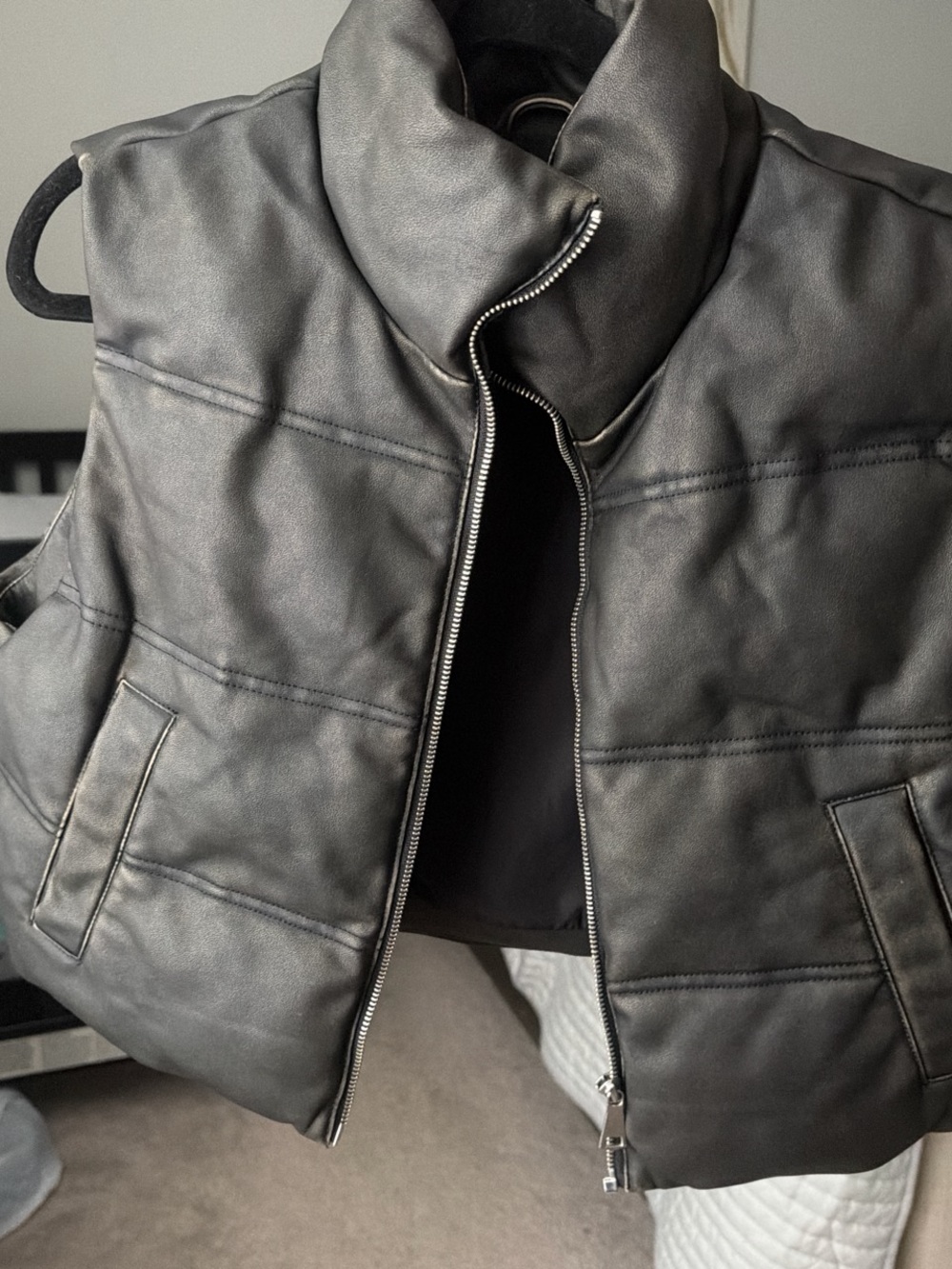 Zara Black Quilted Faux-Leather cropped Vest